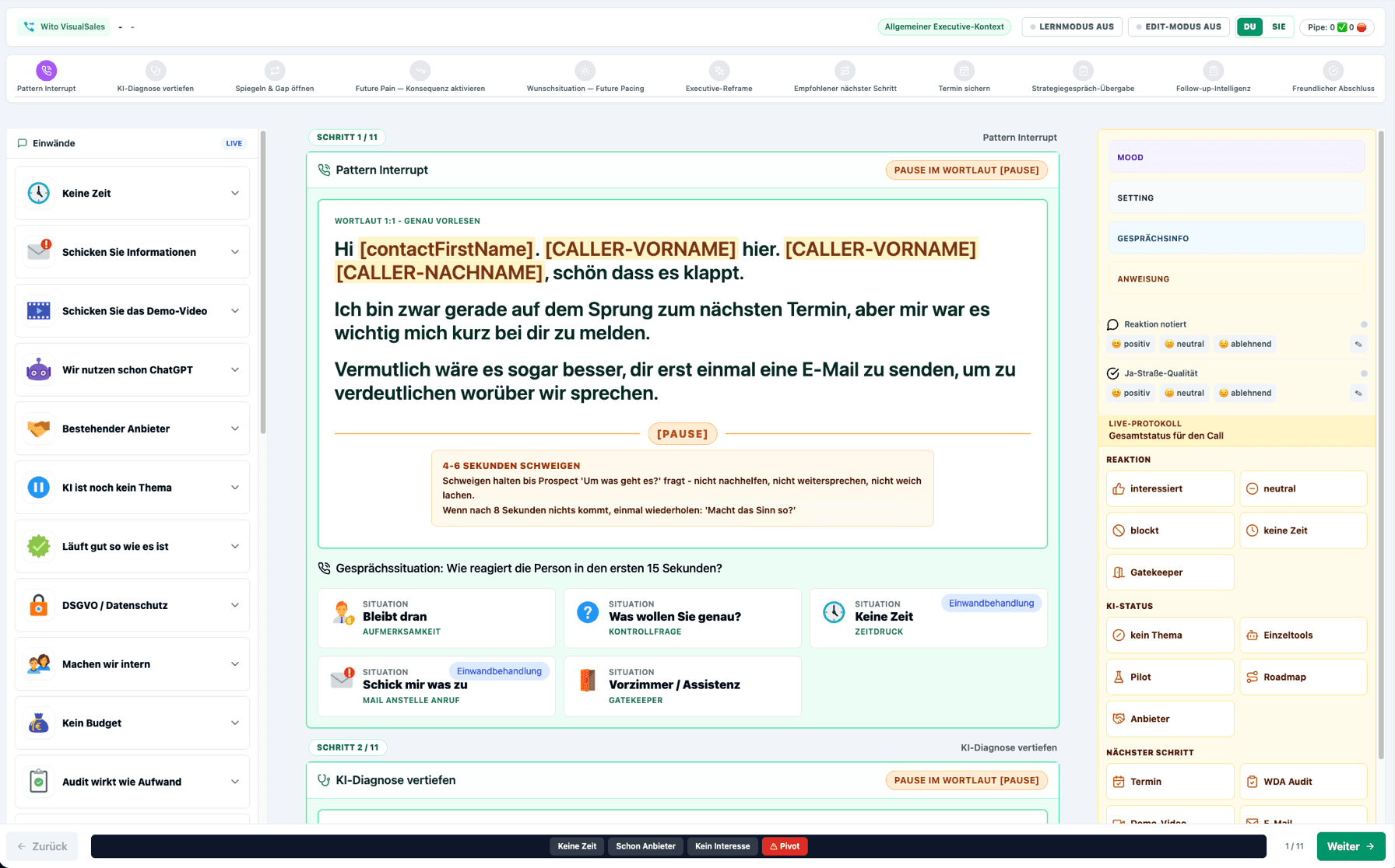 Visual Sales Manager — Live-Cockpit mit Telefon-Script, Einwand-Bibliothek und Gesprächsprotokoll